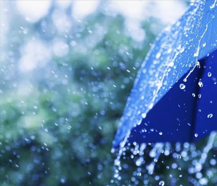 rain falling on a blue umbrella